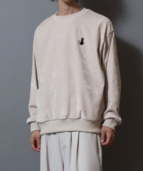 ANPAS(アンパス)の「Stretch Kersey Cat Embroidery Brushed Sweat-Shirt/ストレッチカルゼ ワンポイント 猫モチーフ 刺繍 起毛 スウェット トレーナー メンズ レディース カットソー トップス 秋冬(スウェット・メンズ・アイボリー/カーキ/チャコール・M/L)」の5枚目の写真