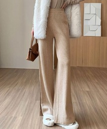 サイドボタン付き リブニットワイドパンツ 美脚パンツ【リラックスボトム】