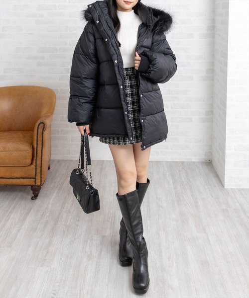 CLEAR BASIC（クリアベーシック）の「ベルト付きエコファー中綿ダウン［大人 カジュアル 着回し力抜群］≪AW新作≫（ダウンジャケット/コート・レディース・オフホワイト/ブラック・F）」の7枚目の写真