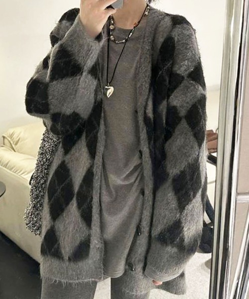 セール】アーガイル柄オーバーサイズニットカーディガン（カーディガン