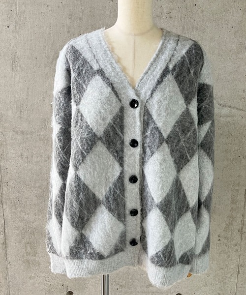 セール】アーガイル柄オーバーサイズニットカーディガン（カーディガン