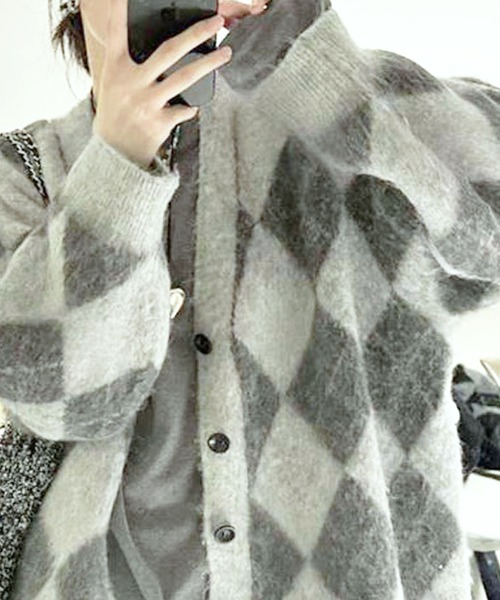 セール】アーガイル柄オーバーサイズニットカーディガン（カーディガン