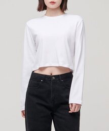 ウィメンズクルーネッククロップ長袖Tシャツ[ホワイト]