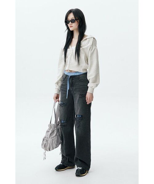 MUSINSA STANDARD WOMAN（ムシンサスタンダードウーマン）の「ウィメンズマルチデストロイドワイドデニムパンツ[ウォッシュドブラック]（デニムパンツ・レディース・その他・30/24/25/26/27/28/29）」の12枚目の写真