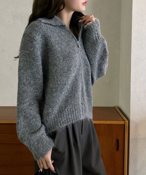 Eclat one（エクラワン）の「【Eclat one】ショート丈 オープンカラー ダブルジップ ニット（ニット/セーター・レディース・グレー/アイボリー/チャコール・FREE）」の11枚目の写真