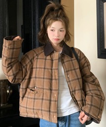上品チェック × コーデュロイ切り替え/ふんわり中綿入りあったかブルゾン
