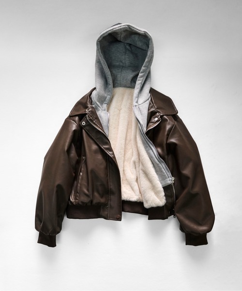 CALIFORNIA OUTFITTERS(カリフォルニア アウトフィッターズ)の「11C4 裏ファー レイヤード フード付PUレザージャケット(ブルゾン・メンズ・ブラウン/ブラック・FREE)」の2枚目の写真