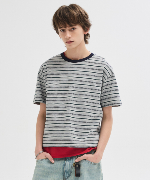 LEIRE（ルアール）の「エッセンシャルストライプクロップTシャツ[マルチグレーST]（Tシャツ/カットソー・メンズ・その他・XX-LARGE/X-LARGE/LARGE/MEDIUM）」の2枚目の写真
