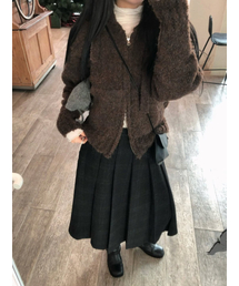 TIE SET COZY BOUCLE KNIT ZIP-UP_BROWN
