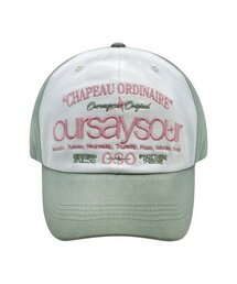 OURSAYSOUR（アワーセイアワー）の「レタリングロゴボールキャップライトカーキ/アイボリー（キャップ）」