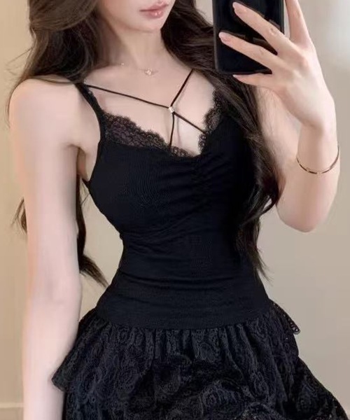 Lace Ladies(レースレディース)の「フロント クロス レーシィ カップ付き キャミソール(キャミソール・レディース・ホワイト/ピンク/ブラック/グレー/ブルー・FREE)」の3枚目の写真