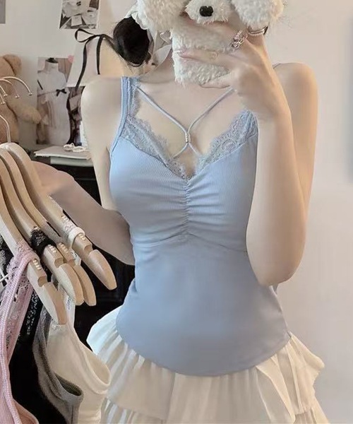 Lace Ladies(レースレディース)の「フロント クロス レーシィ カップ付き キャミソール(キャミソール・レディース・ホワイト/ピンク/ブラック/グレー/ブルー・FREE)」の8枚目の写真