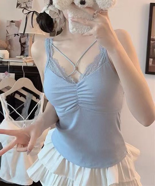 Lace Ladies(レースレディース)の「フロント クロス レーシィ カップ付き キャミソール(キャミソール・レディース・ホワイト/ピンク/ブラック/グレー/ブルー・FREE)」の9枚目の写真