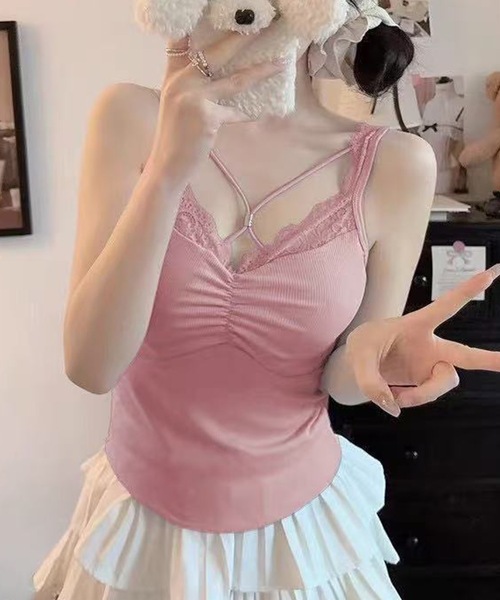 Lace Ladies(レースレディース)の「フロント クロス レーシィ カップ付き キャミソール(キャミソール・レディース・ホワイト/ピンク/ブラック/グレー/ブルー・FREE)」の12枚目の写真