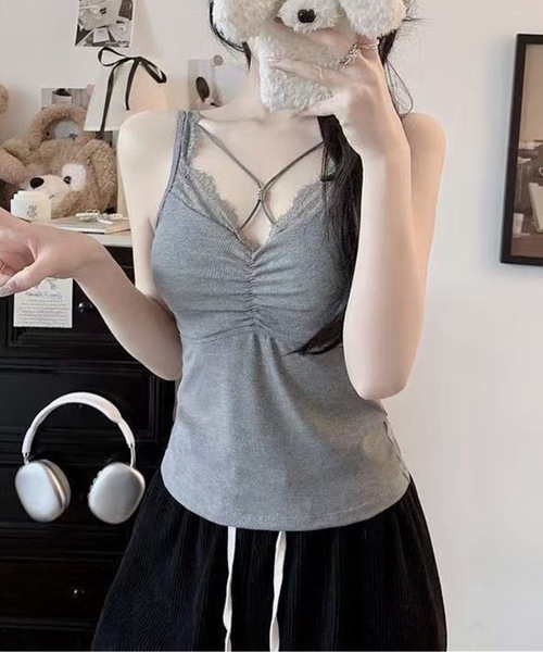 Lace Ladies(レースレディース)の「フロント クロス レーシィ カップ付き キャミソール(キャミソール・レディース・ホワイト/ピンク/ブラック/グレー/ブルー・FREE)」の13枚目の写真