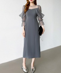 COCOMOMO（ココモモ）の「凛と華やぐ上品さ チュールスリーブパーティードレス パーティードレス 結婚式 ドレス お呼ばれ ワンピース タイト シアー オケージョン（ドレス）」