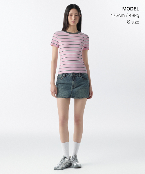 MUSINSA STANDARD WOMAN（ムシンサスタンダードウーマン）の「ウィメンズリブドマルチストライプスリムTシャツ[ピンク]（Tシャツ/カットソー・レディース・その他・LARGE/MEDIUM/SMALL/X-SMALL）」の2枚目の写真