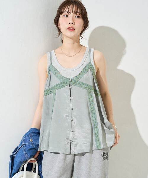 FREAK'S STORE（フリークスストア）の「限定展開　インド レーヨン シャンタン レース キャミ ビスチェ（キャミソール・レディース・ブルーグリーン/ブラック/オフホワイト/イエロー/ベージュ・ﾌﾘ-）」の4枚目の写真