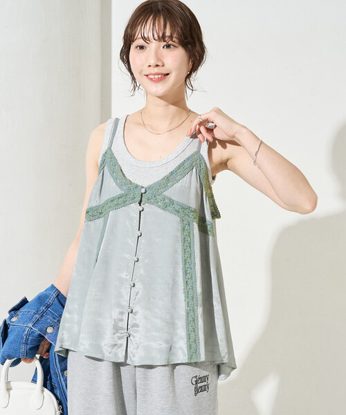 FREAK'S STORE(フリークスストア)の「限定展開 インド レーヨン シャンタン レース キャミ ビスチェ(キャミソール・レディース・ブルーグリーン/ブラック/オフホワイト/イエロー/ベージュ・フリ-)」の6枚目の写真