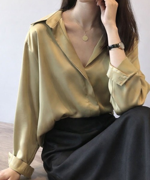 SallyLunn(サリーラン)の「ルーズサテンシャツ(シャツ/ブラウス・レディース・グリーン/ブラック・LARGE/MEDIUM)」の3枚目の写真