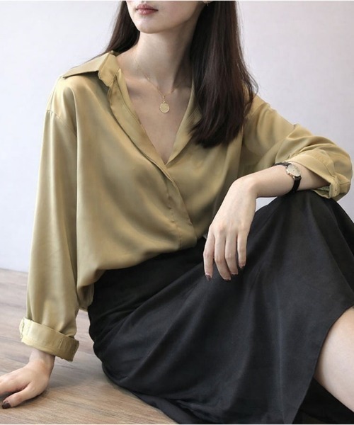 SallyLunn(サリーラン)の「ルーズサテンシャツ(シャツ/ブラウス・レディース・グリーン/ブラック・LARGE/MEDIUM)」の5枚目の写真