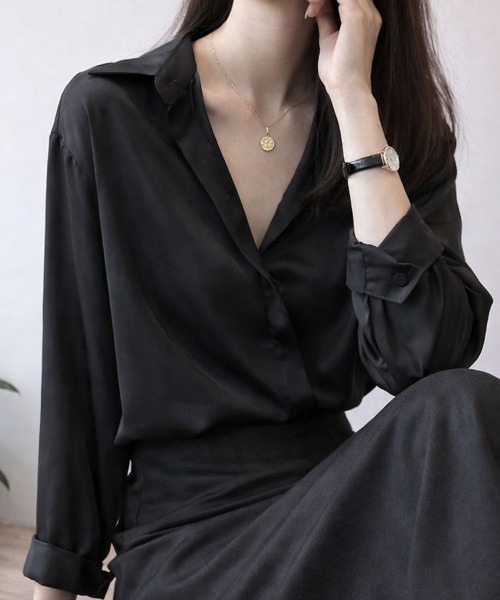 SallyLunn(サリーラン)の「ルーズサテンシャツ(シャツ/ブラウス・レディース・グリーン/ブラック・LARGE/MEDIUM)」の6枚目の写真