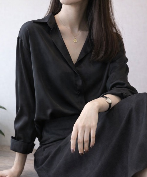 SallyLunn(サリーラン)の「ルーズサテンシャツ(シャツ/ブラウス・レディース・グリーン/ブラック・LARGE/MEDIUM)」の8枚目の写真