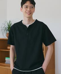 【1枚でちゃんとして見える】ヘンリーネック レイヤード風 半袖Tシャツ 洗濯機OK