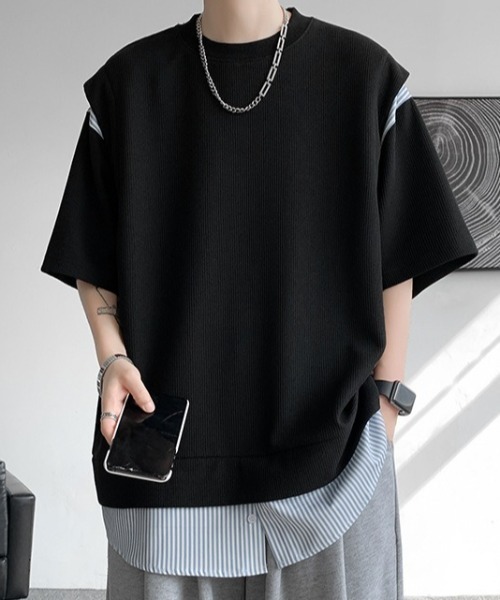 link lot（リンクロット）の「裾ストライプフェイクレイヤードワッフル調無地Tシャツ（Tシャツ/カットソー・メンズ・ブラック/グレー/ホワイト・L/M）」の3枚目の写真