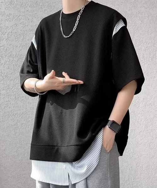 link lot（リンクロット）の「裾ストライプフェイクレイヤードワッフル調無地Tシャツ（Tシャツ/カットソー・メンズ・ブラック/グレー/ホワイト・L/M）」の9枚目の写真