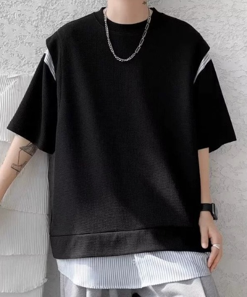 link lot（リンクロット）の「裾ストライプフェイクレイヤードワッフル調無地Tシャツ（Tシャツ/カットソー・メンズ・ブラック/グレー/ホワイト・L/M）」の10枚目の写真