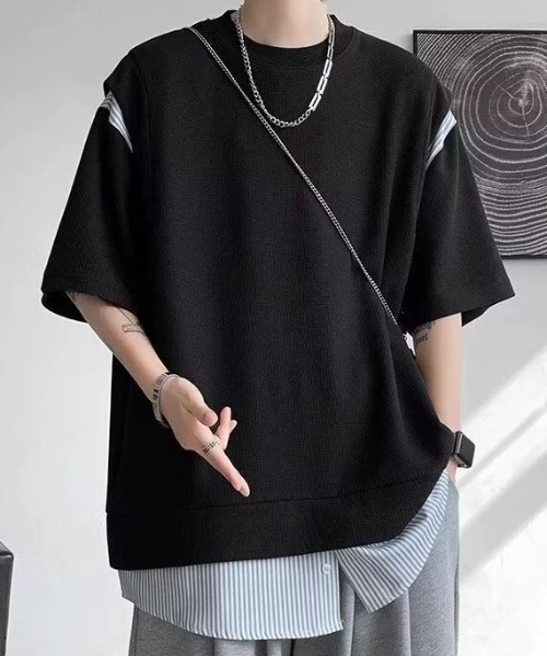 link lot（リンクロット）の「裾ストライプフェイクレイヤードワッフル調無地Tシャツ（Tシャツ/カットソー・メンズ・ブラック/グレー/ホワイト・L/M）」の14枚目の写真