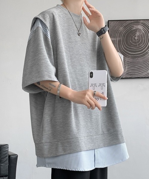 link lot（リンクロット）の「裾ストライプフェイクレイヤードワッフル調無地Tシャツ（Tシャツ/カットソー・メンズ・ブラック/グレー/ホワイト・L/M）」の15枚目の写真
