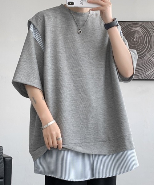 link lot（リンクロット）の「裾ストライプフェイクレイヤードワッフル調無地Tシャツ（Tシャツ/カットソー・メンズ・ブラック/グレー/ホワイト・L/M）」の16枚目の写真