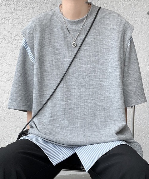 link lot（リンクロット）の「裾ストライプフェイクレイヤードワッフル調無地Tシャツ（Tシャツ/カットソー・メンズ・ブラック/グレー/ホワイト・L/M）」の21枚目の写真