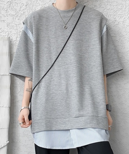link lot（リンクロット）の「裾ストライプフェイクレイヤードワッフル調無地Tシャツ（Tシャツ/カットソー・メンズ・ブラック/グレー/ホワイト・L/M）」の18枚目の写真