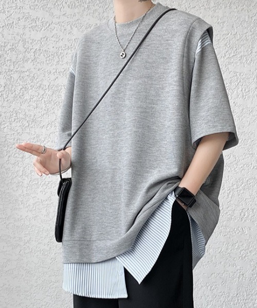 link lot（リンクロット）の「裾ストライプフェイクレイヤードワッフル調無地Tシャツ（Tシャツ/カットソー・メンズ・ブラック/グレー/ホワイト・L/M）」の20枚目の写真