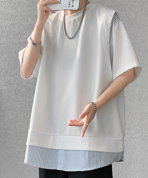 link lot（リンクロット）の「裾ストライプフェイクレイヤードワッフル調無地Tシャツ（Tシャツ/カットソー・メンズ・ブラック/グレー/ホワイト・L/M）」の7枚目の写真