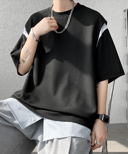 link lot（リンクロット）の「裾ストライプフェイクレイヤードワッフル調無地Tシャツ（Tシャツ/カットソー・メンズ・ブラック/グレー/ホワイト・L/M）」の11枚目の写真