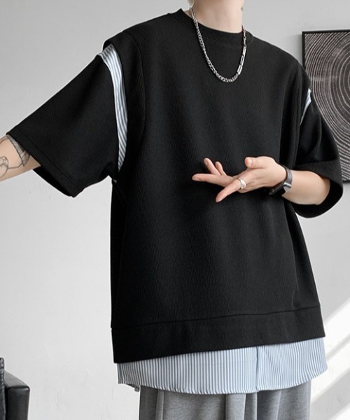 link lot（リンクロット）の「裾ストライプフェイクレイヤードワッフル調無地Tシャツ（Tシャツ/カットソー・メンズ・ブラック/グレー/ホワイト・L/M）」の13枚目の写真