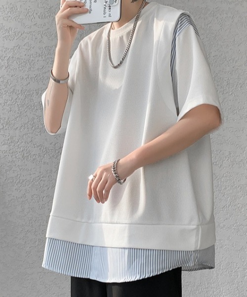 link lot（リンクロット）の「裾ストライプフェイクレイヤードワッフル調無地Tシャツ（Tシャツ/カットソー・メンズ・ブラック/グレー/ホワイト・L/M）」の5枚目の写真