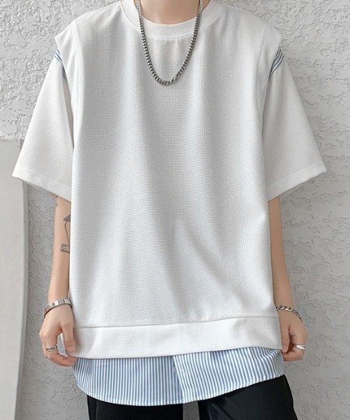 link lot（リンクロット）の「裾ストライプフェイクレイヤードワッフル調無地Tシャツ（Tシャツ/カットソー・メンズ・ブラック/グレー/ホワイト・L/M）」の6枚目の写真