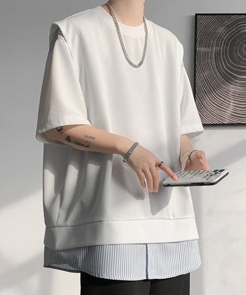 link lot（リンクロット）の「裾ストライプフェイクレイヤードワッフル調無地Tシャツ（Tシャツ/カットソー・メンズ・ブラック/グレー/ホワイト・L/M）」の4枚目の写真