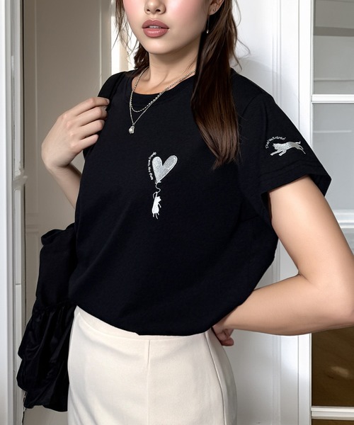 Candlestick（キャンドルスティック）の「飛ばされる子猫追うママネコ刺繍 コンパクトTシャツ（Tシャツ/カットソー・レディース・ホワイト/ブラック/スミクロ・FREE）」の16枚目の写真