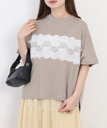 EGLANTINE レース柄プリント半袖Tシャツ 日本製 ローズペトール
