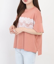 EGLANTINE レース柄プリント半袖Tシャツ 日本製 ローズペトール