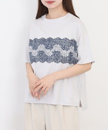 EGLANTINE レース柄プリント半袖Tシャツ 日本製 ローズペトール