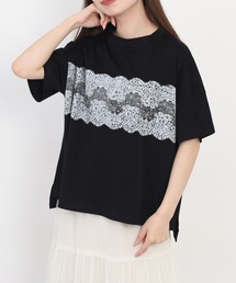 EGLANTINE レース柄プリント半袖Tシャツ 日本製 ローズペトール