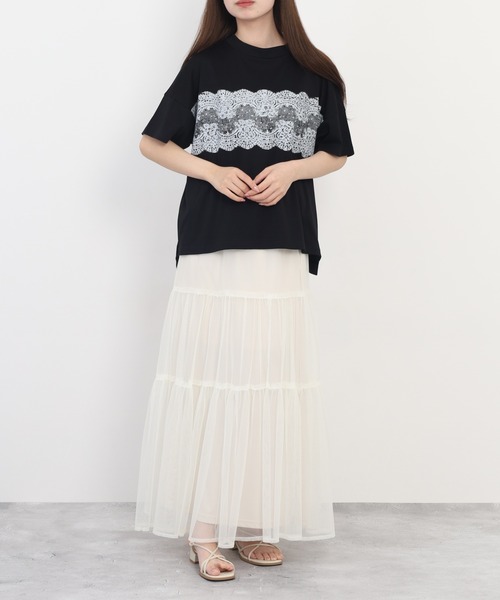 EGLANTINE(エグランティーヌ)の「EGLANTINE レース柄プリント半袖Tシャツ 日本製 ローズペトール(Tシャツ/カットソー・レディース・グレイッシュベージュ/サーモンピンク/ブラック/シルバーグレー/ブルーグリーン・38)」の12枚目の写真