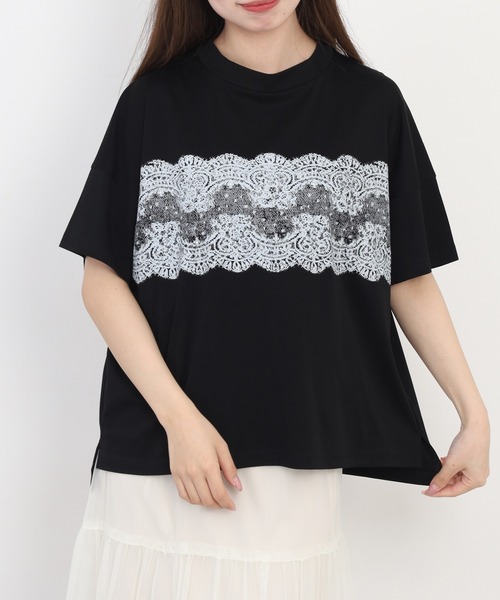 EGLANTINE(エグランティーヌ)の「EGLANTINE レース柄プリント半袖Tシャツ 日本製 ローズペトール(Tシャツ/カットソー・レディース・グレイッシュベージュ/サーモンピンク/ブラック/シルバーグレー/ブルーグリーン・38)」の9枚目の写真